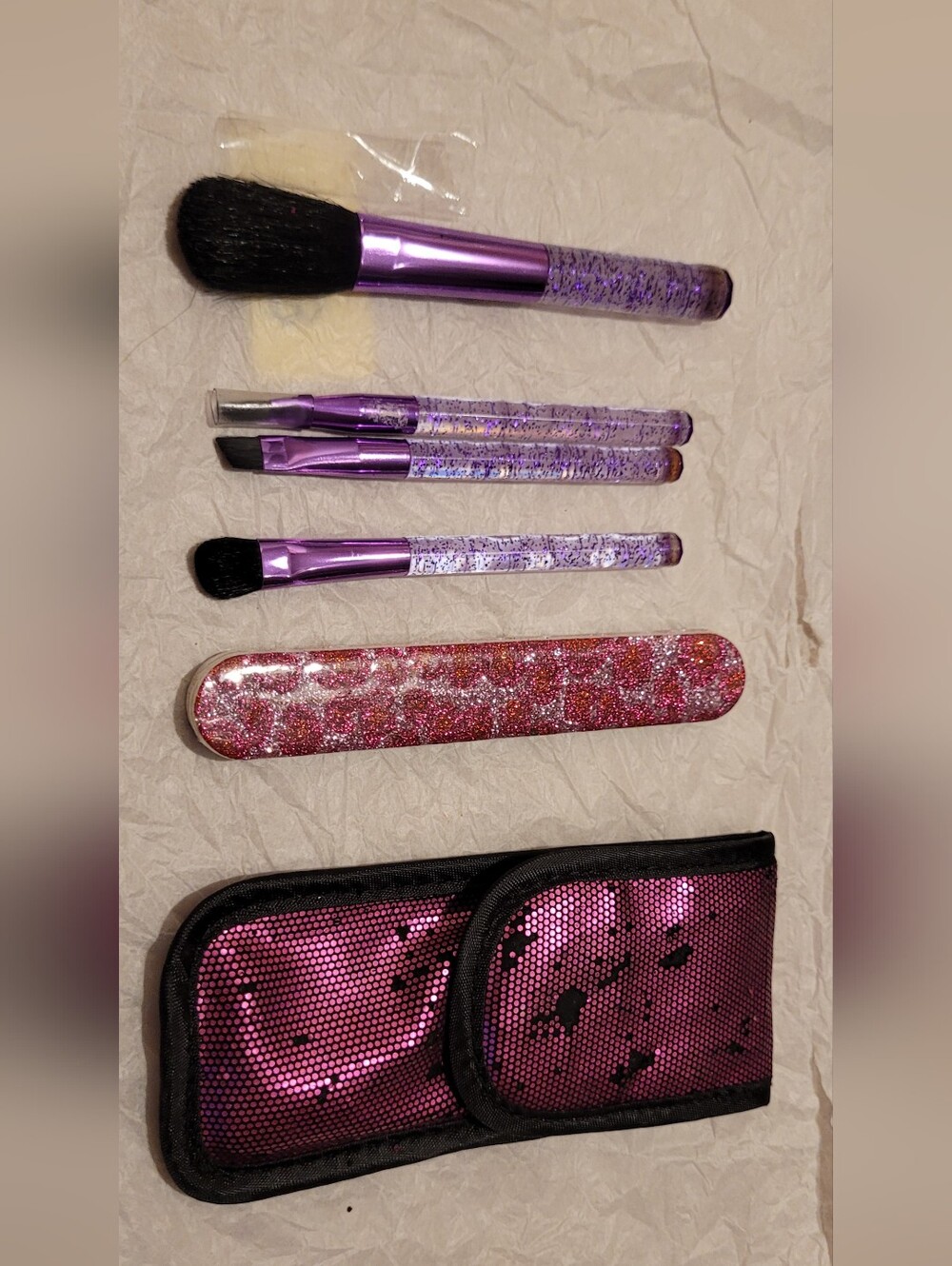 Vintage Avon Glitter Purple Makeup Brush Set with Matching Peeling Case